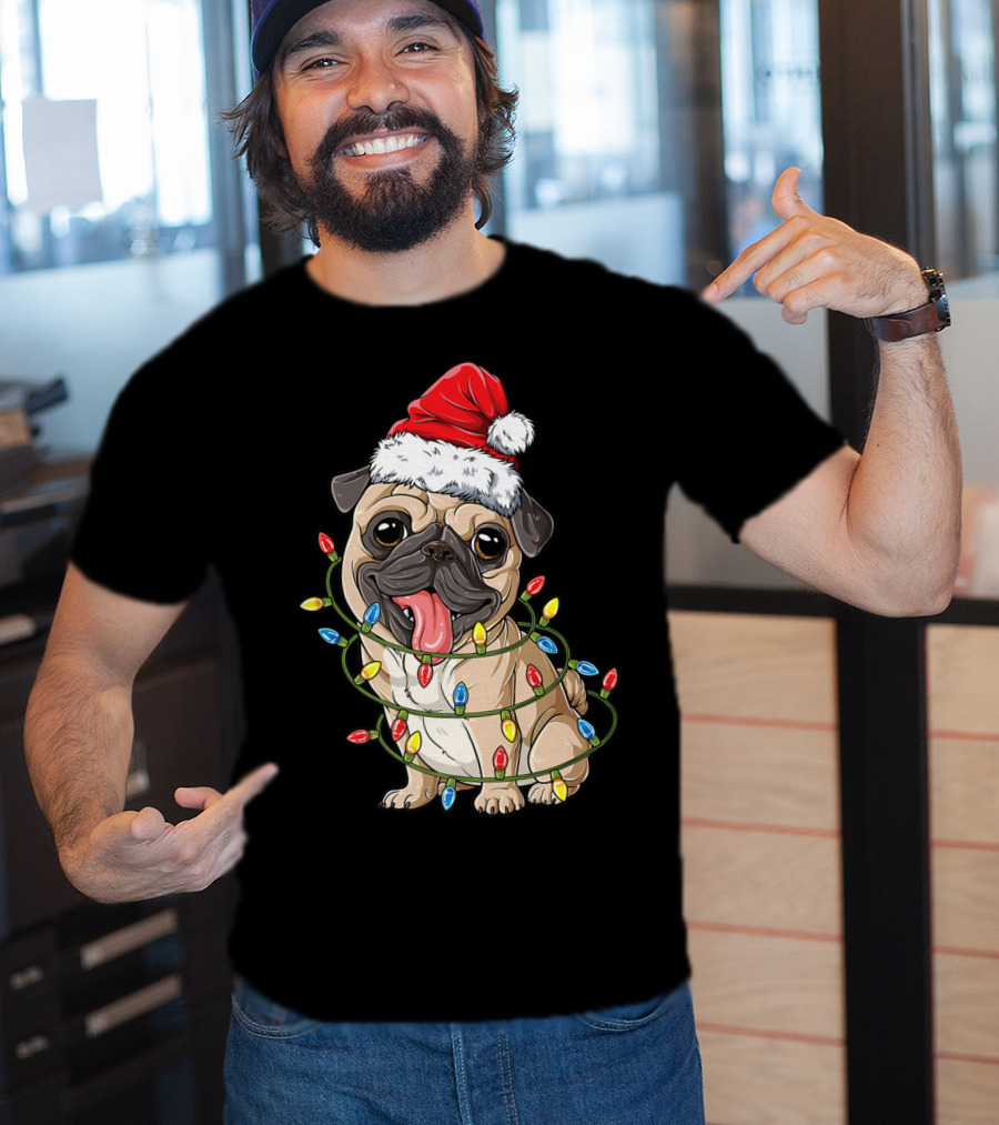 Pug Wearing Santa Hat Wrapped In Xmas Lights For Christmas T-Shirt