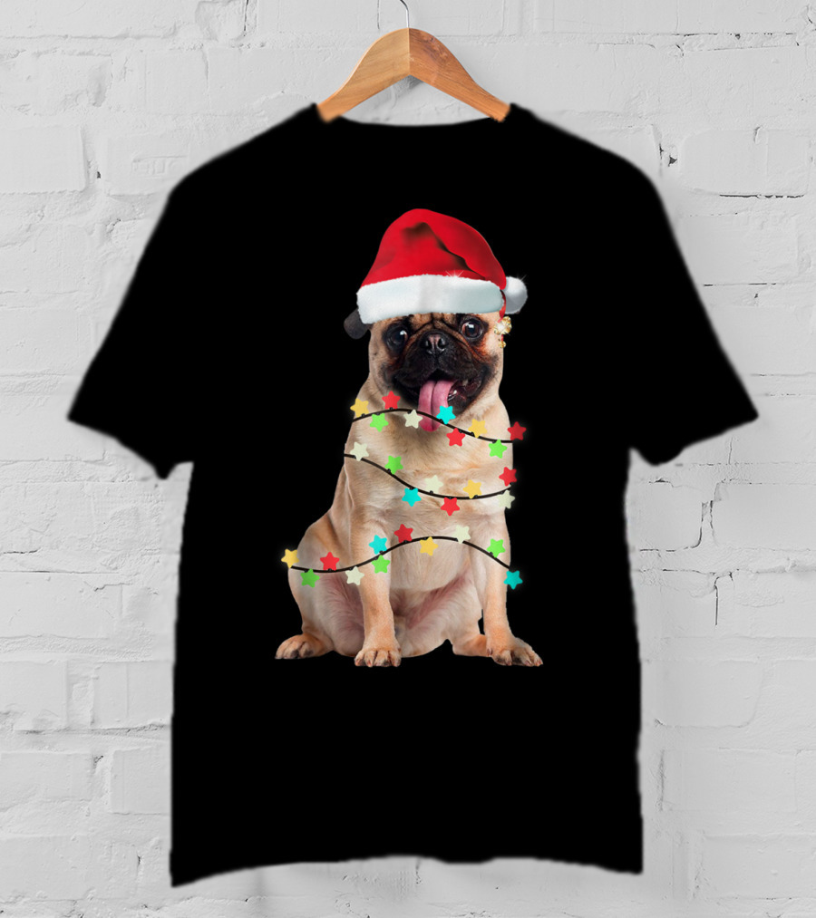 Pug Santa Christmas Light Wrapping Festive Holiday Hat T-Shirt