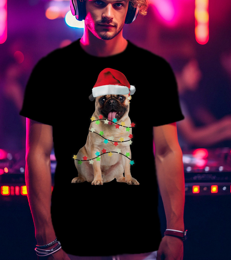 Pug Santa Christmas Light Wrapping Festive Holiday Hat T-Shirt