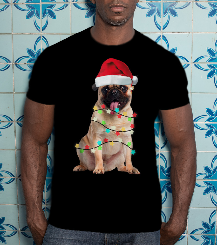 Pug Santa Christmas Light Wrapping Festive Holiday Hat T-Shirt