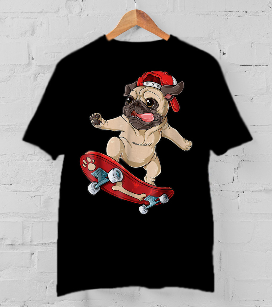 Pug Puppy Skater With Red Hat And Paw Print Skateboard T-Shirt