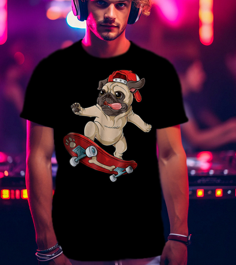 Pug Puppy Skater With Red Hat And Paw Print Skateboard T-Shirt