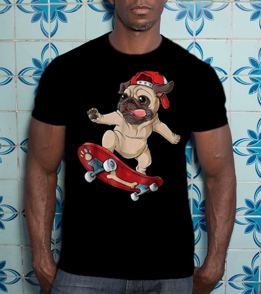 Pug Puppy Skater With Red Hat And Paw Print Skateboard T-Shirt