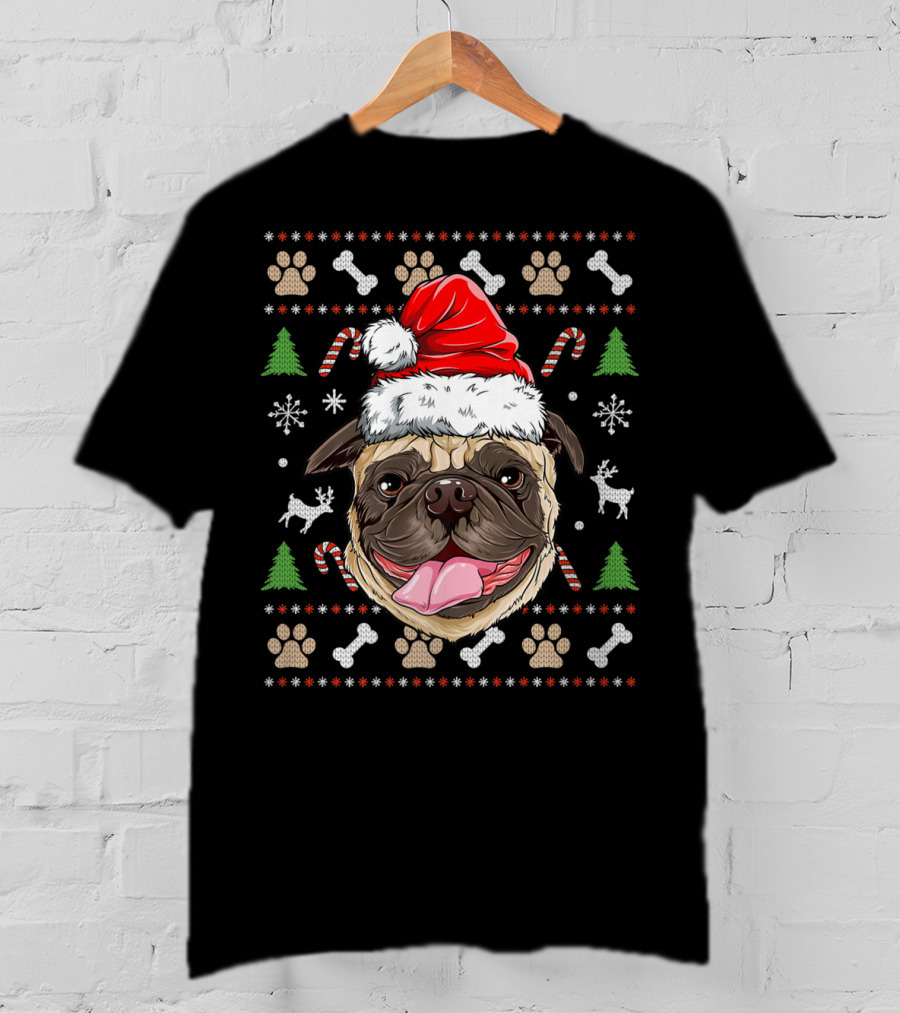 Pugmas Santa Hat Ugly Christmas Pug With Paw Prints And Candy Canes T-Shirt