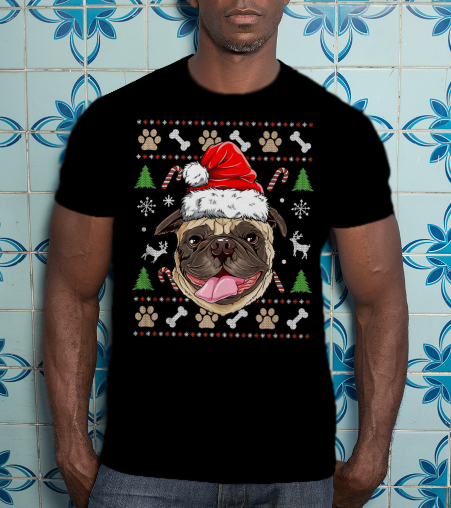 Pugmas Santa Hat Ugly Christmas Pug With Paw Prints And Candy Canes T-Shirt