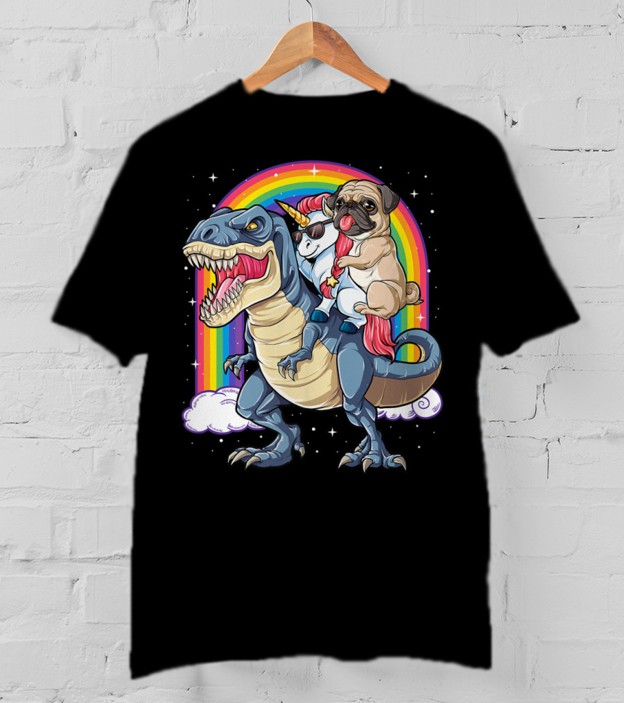 Pug Unicorn Riding Dinosaur With Rainbow Kids Girls Women T-Shirt