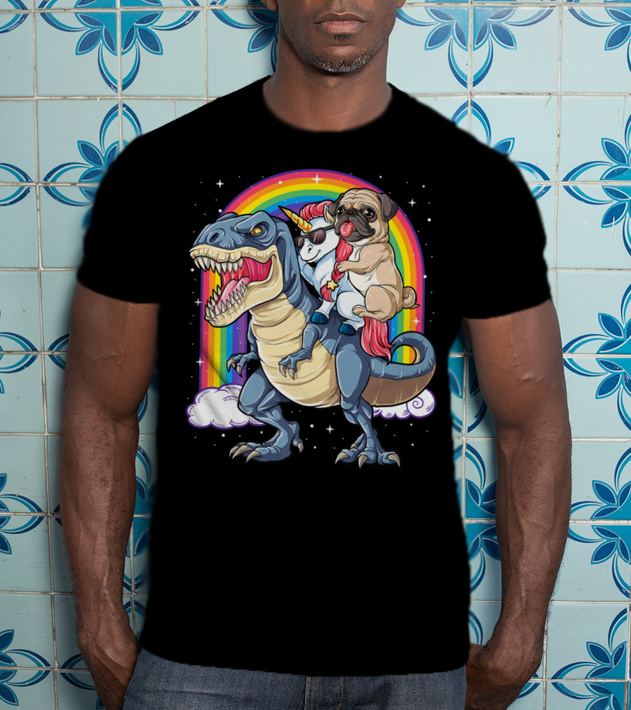 Pug Unicorn Riding Dinosaur With Rainbow Kids Girls Women T-Shirt