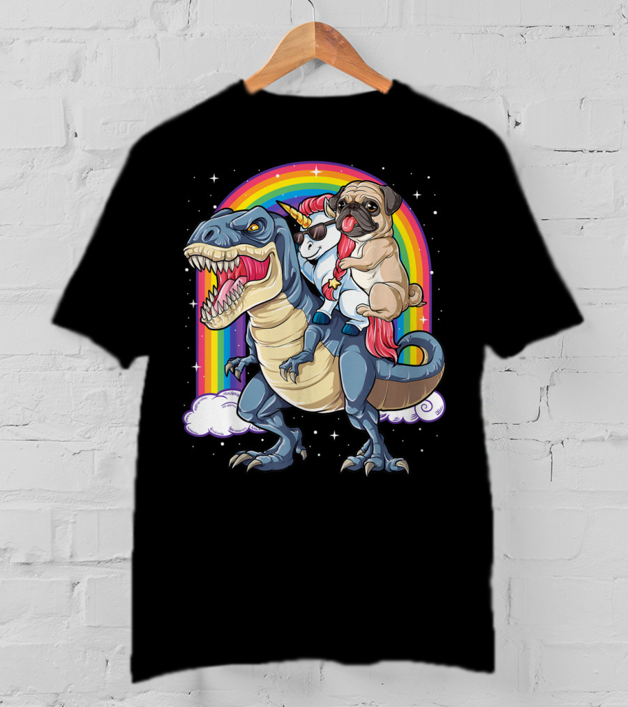 Pug Riding Unicorn Riding Dinosaur Under Rainbow T-Shirt