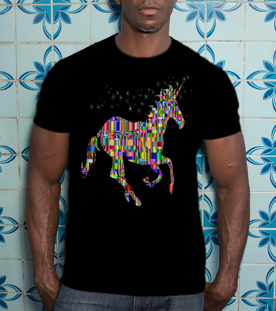 Riding Unicorn Rawr Sparkling Rainbow Stripes T-Shirt