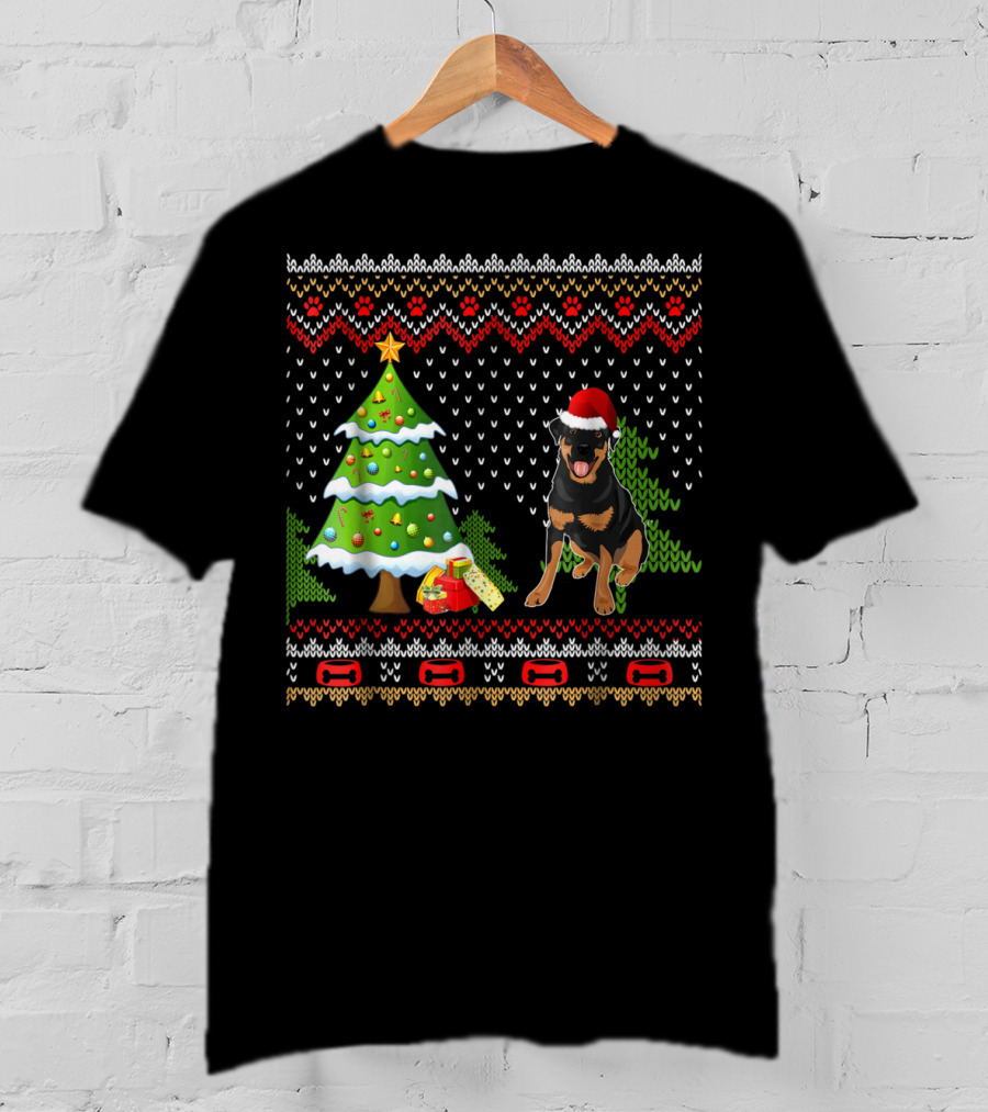 Rottweiler Santa Christmas Ugly Dog Sweater Tree And Gifts T-Shirt
