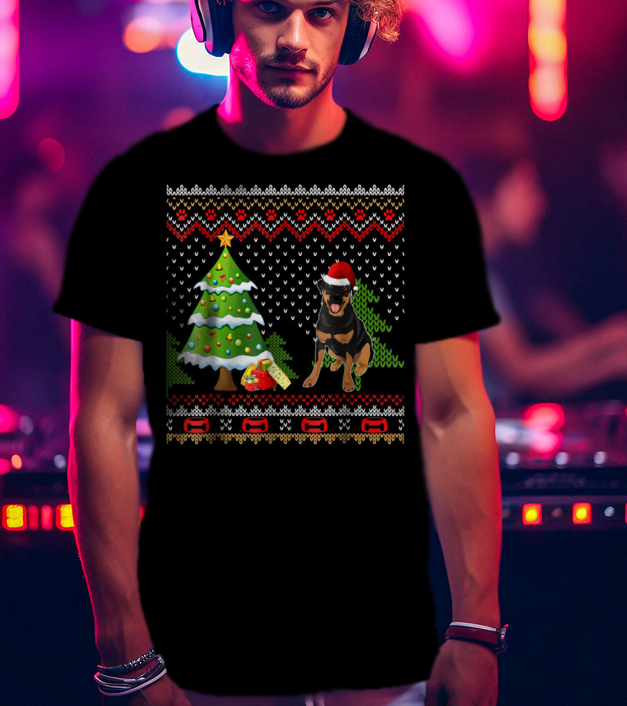 Rottweiler Santa Christmas Ugly Dog Sweater Tree And Gifts T-Shirt