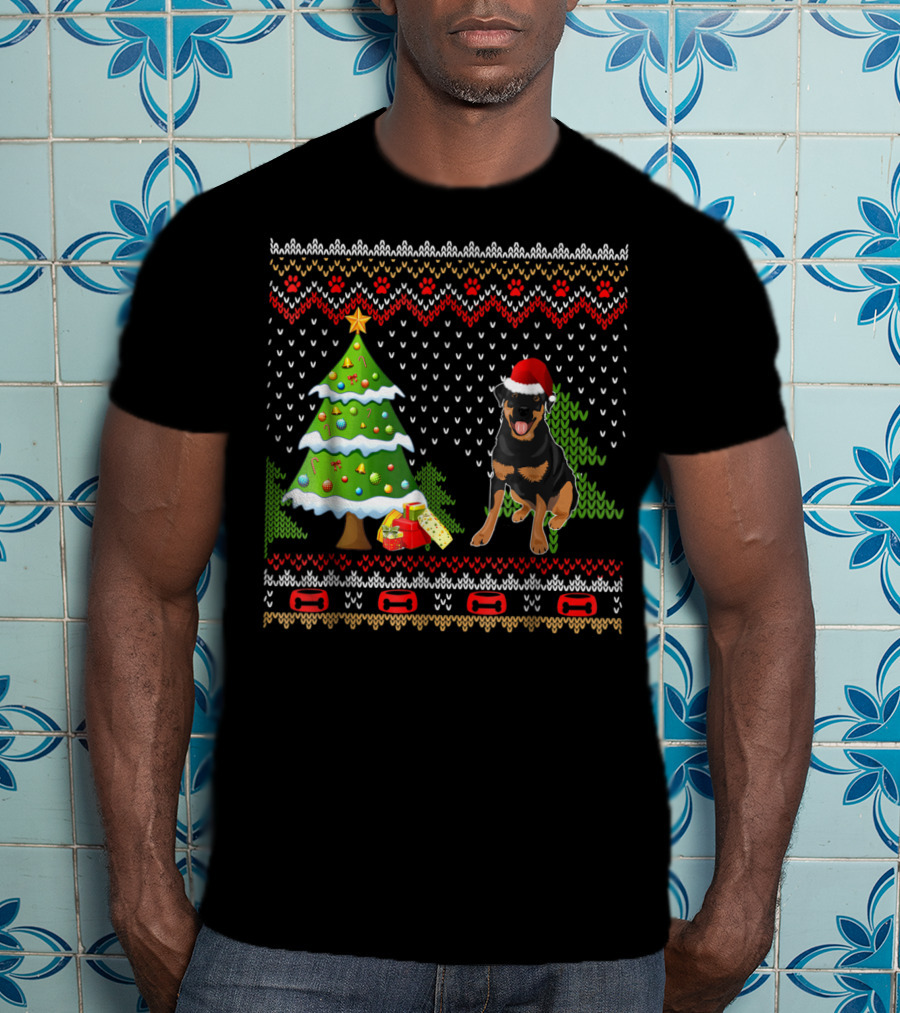 Rottweiler Santa Christmas Ugly Dog Sweater Tree And Gifts T-Shirt