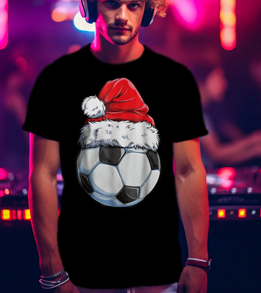 Santa Hat On Soccer Ball Christmas Xmas T-Shirt