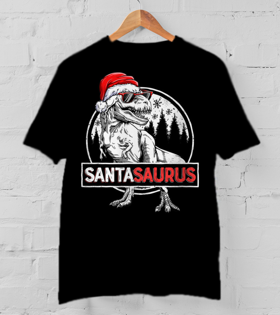 Santasaurus Dinosaur Rex Christmas T-Rex Wearing Santa Hat And Sunglasses T-Shirt