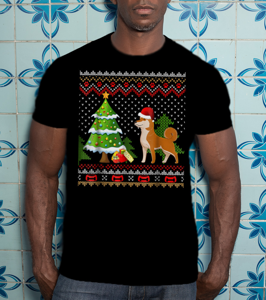 Shiba Inu Santa Christmas Tree Presents UglyDog T-Shirt