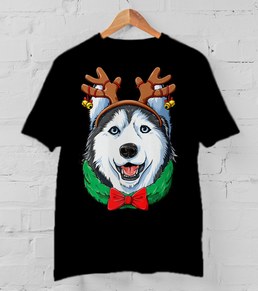 Siberian Husky With Christmas Reindeer Antlers And Festive Bow T-Shirt