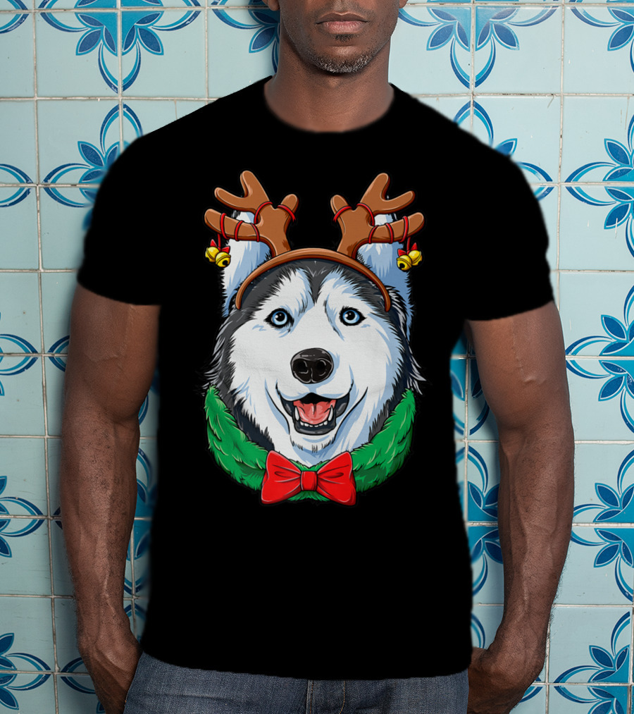 Siberian Husky With Christmas Reindeer Antlers And Festive Bow T-Shirt