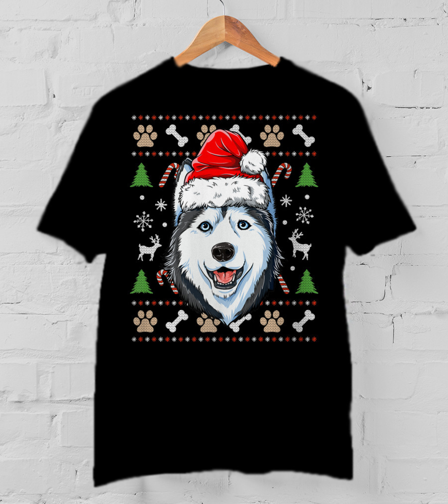 Siberian Husky Santa Hat Snowflakes Candy Canes Christmas Paw Prints T-Shirt