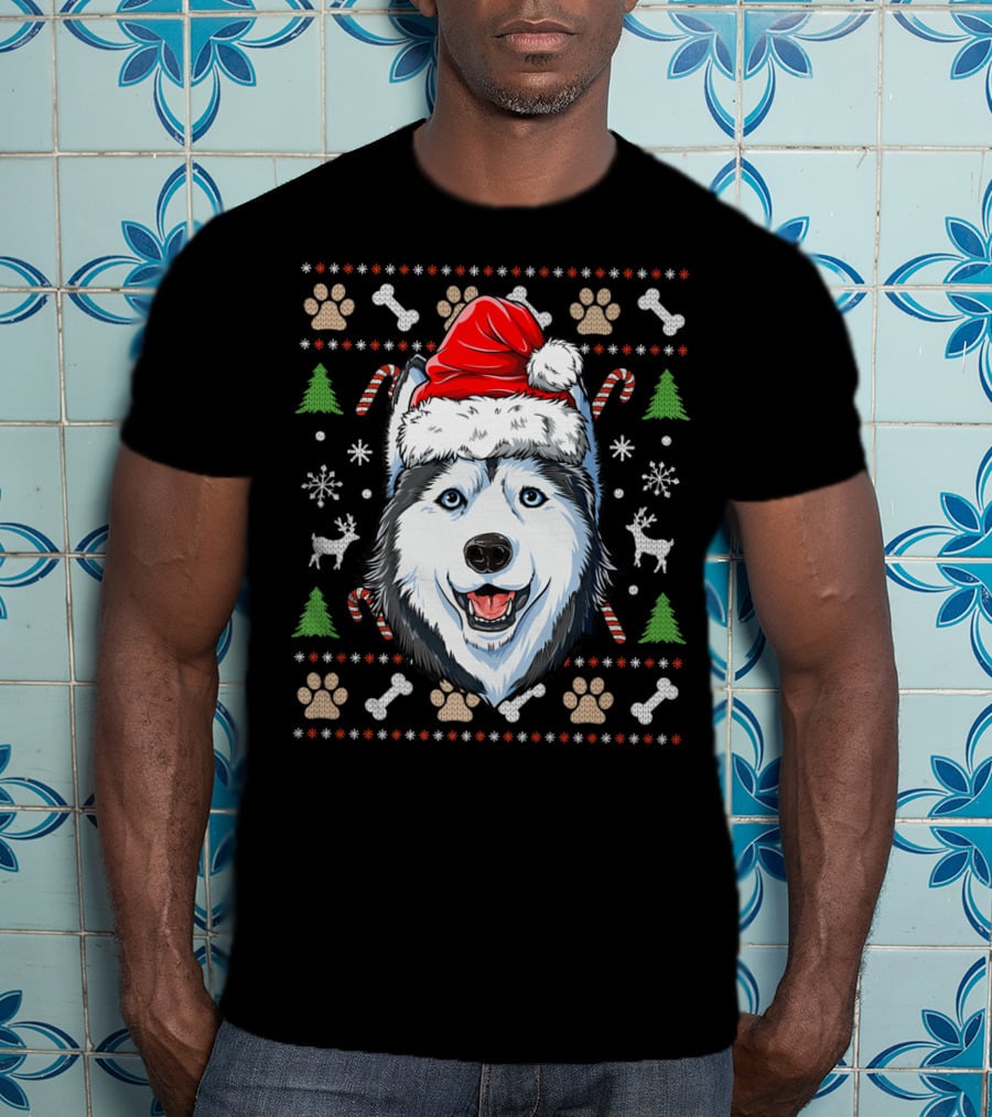 Siberian Husky Santa Hat Snowflakes Candy Canes Christmas Paw Prints T-Shirt