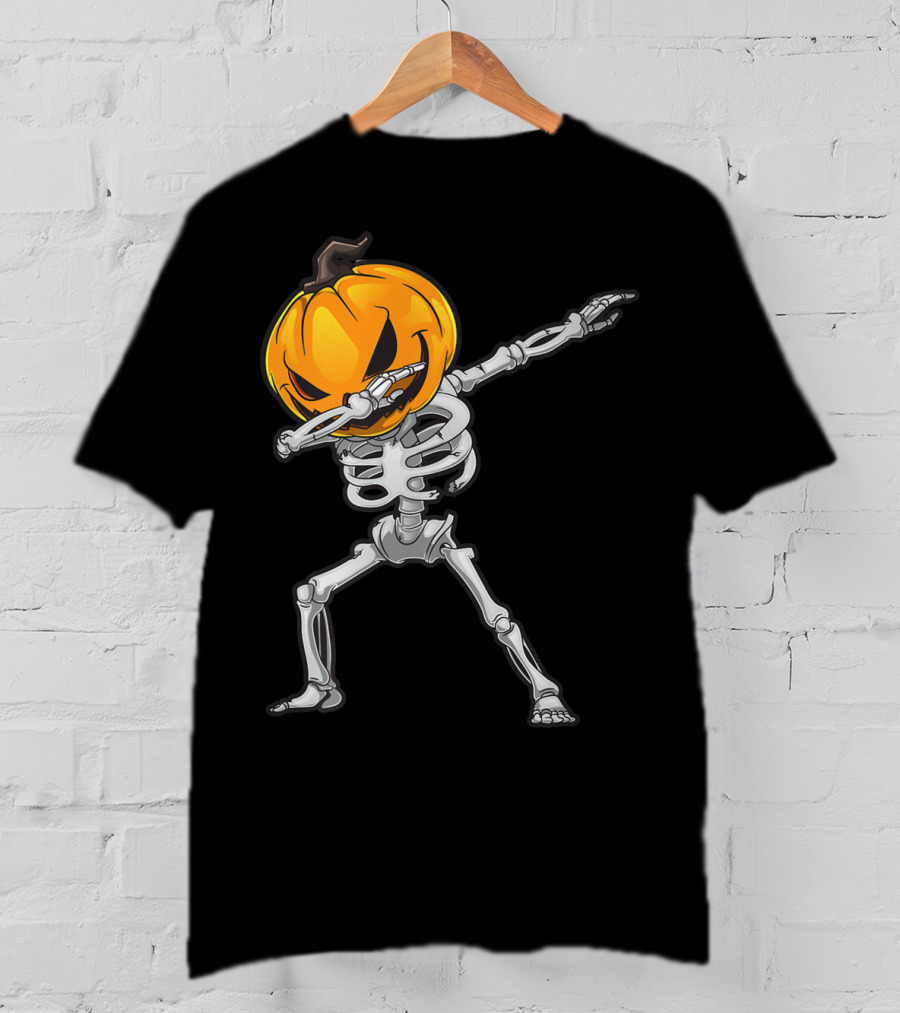 Skeleton Dabbing Halloween Scary Pumpkin Head Dance T-Shirt