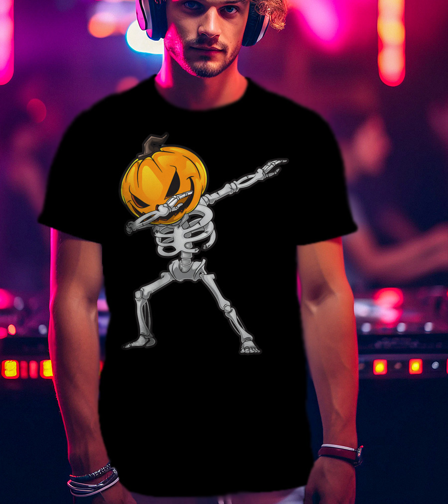 Skeleton Dabbing Halloween Scary Pumpkin Head Dance T-Shirt