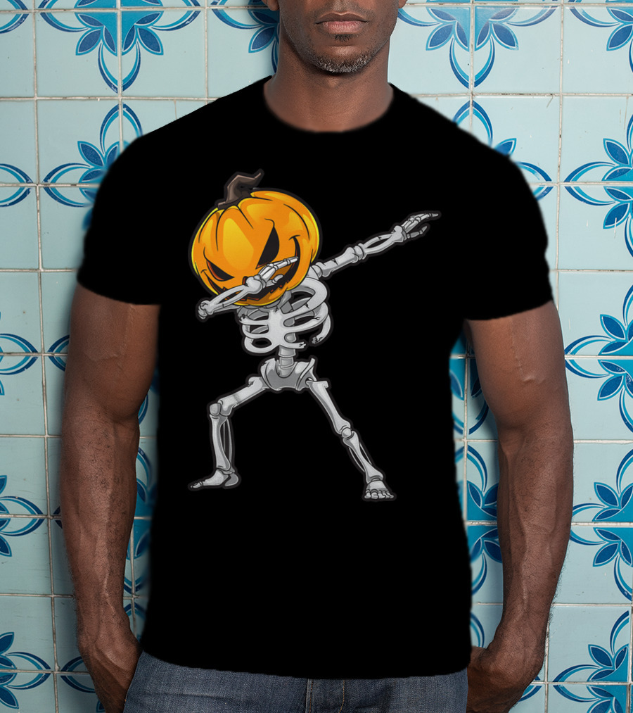 Skeleton Dabbing Halloween Scary Pumpkin Head Dance T-Shirt