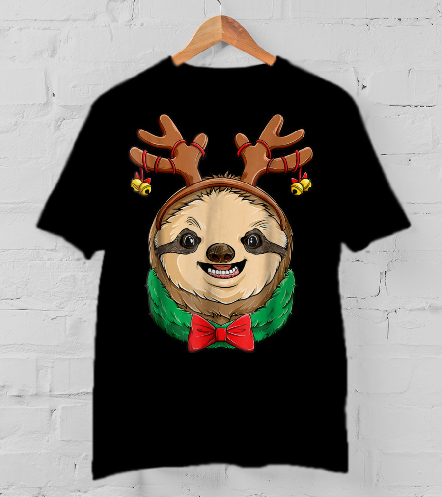 Sloth Christmas Reindeer Antlers Slothmas Xmas Festive Bow And Bells T-Shirt