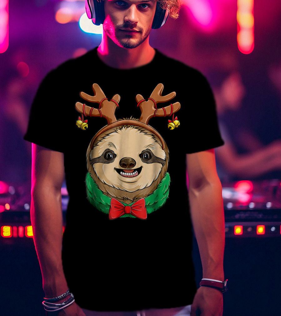 Sloth Christmas Reindeer Antlers Slothmas Xmas Festive Bow And Bells T-Shirt