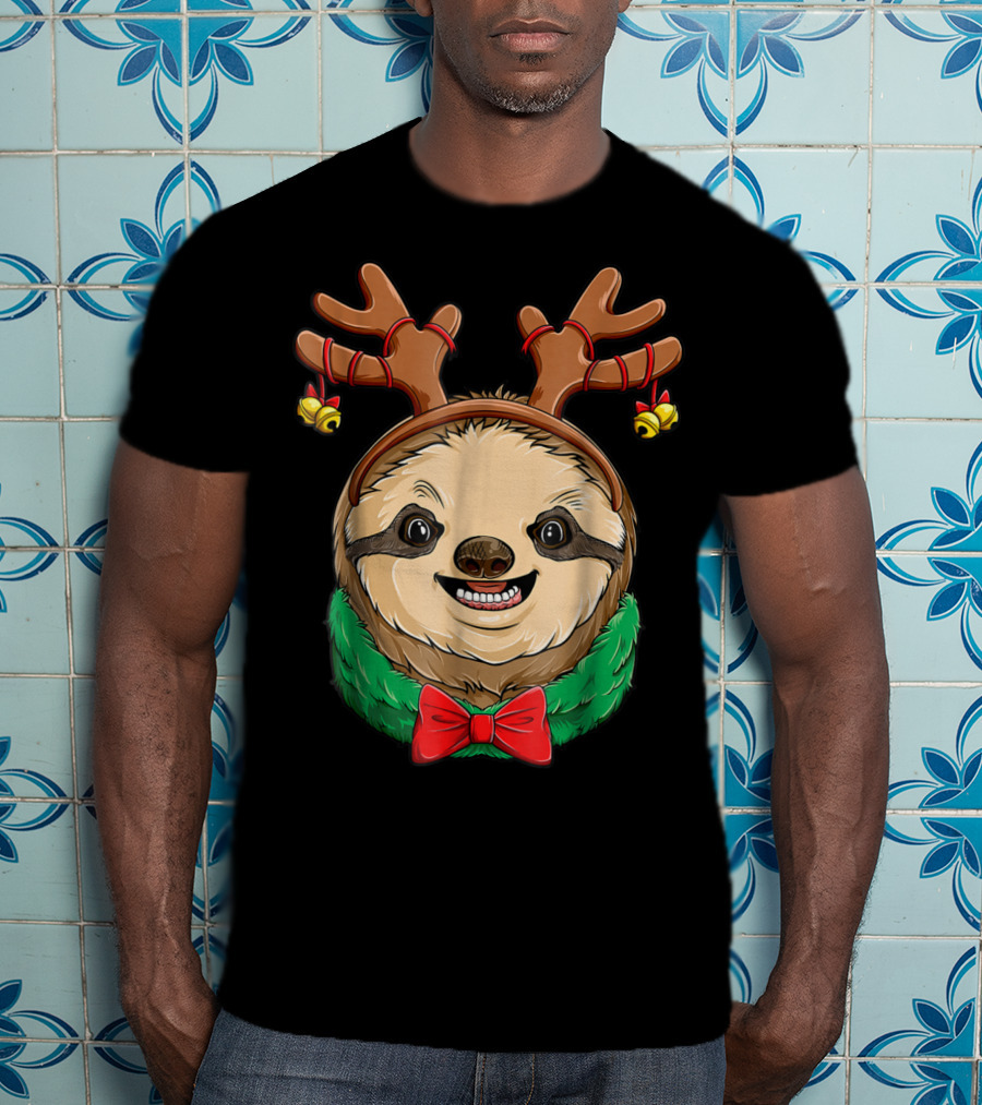 Sloth Christmas Reindeer Antlers Slothmas Xmas Festive Bow And Bells T-Shirt