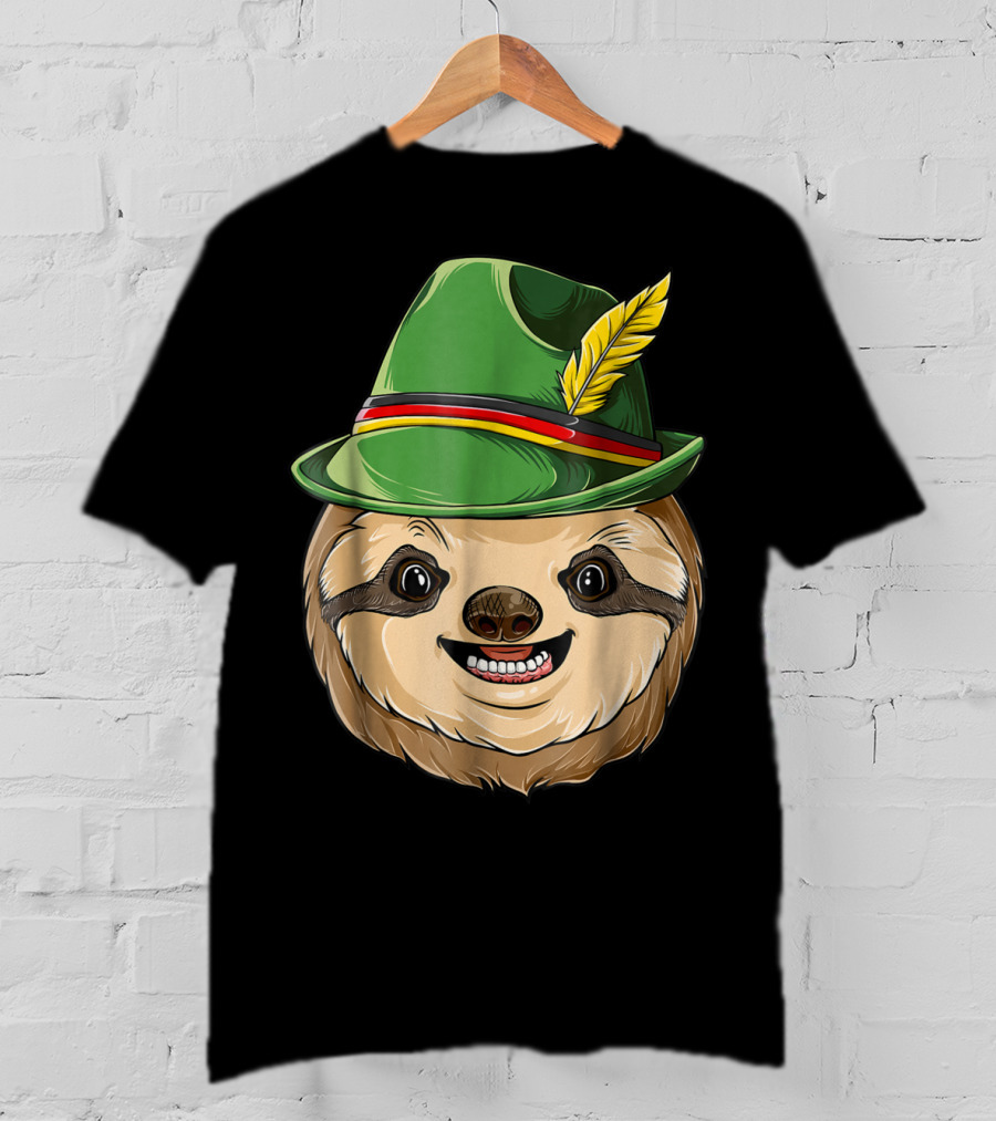 Sloth Oktoberfest Lederhosen Hat With Feather T-Shirt