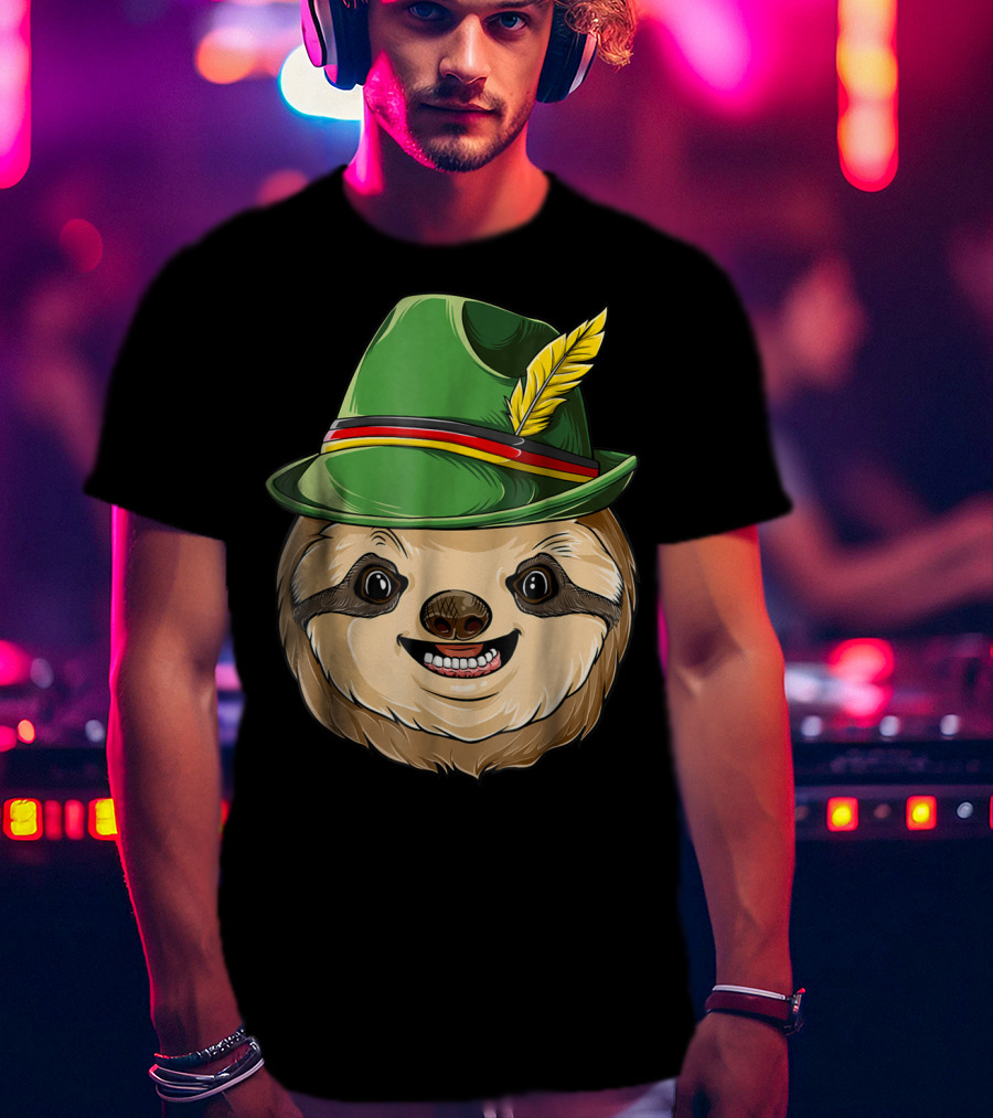Sloth Oktoberfest Lederhosen Hat With Feather T-Shirt