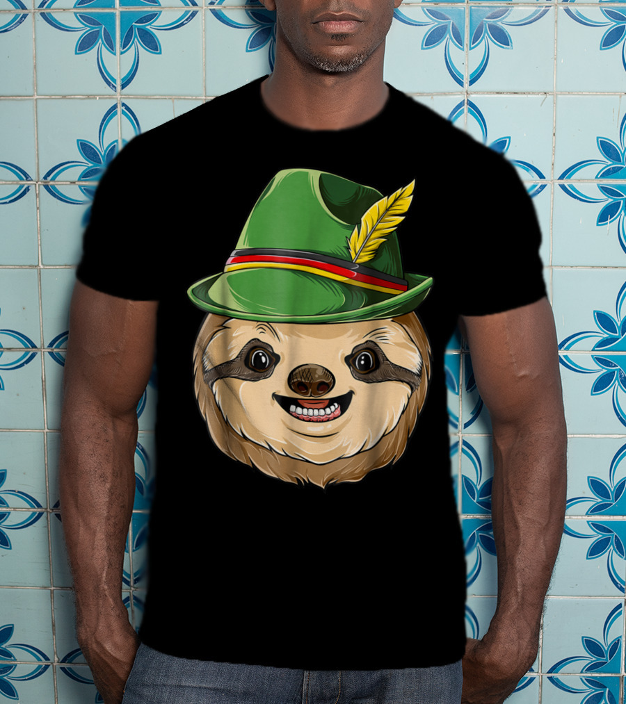 Sloth Oktoberfest Lederhosen Hat With Feather T-Shirt
