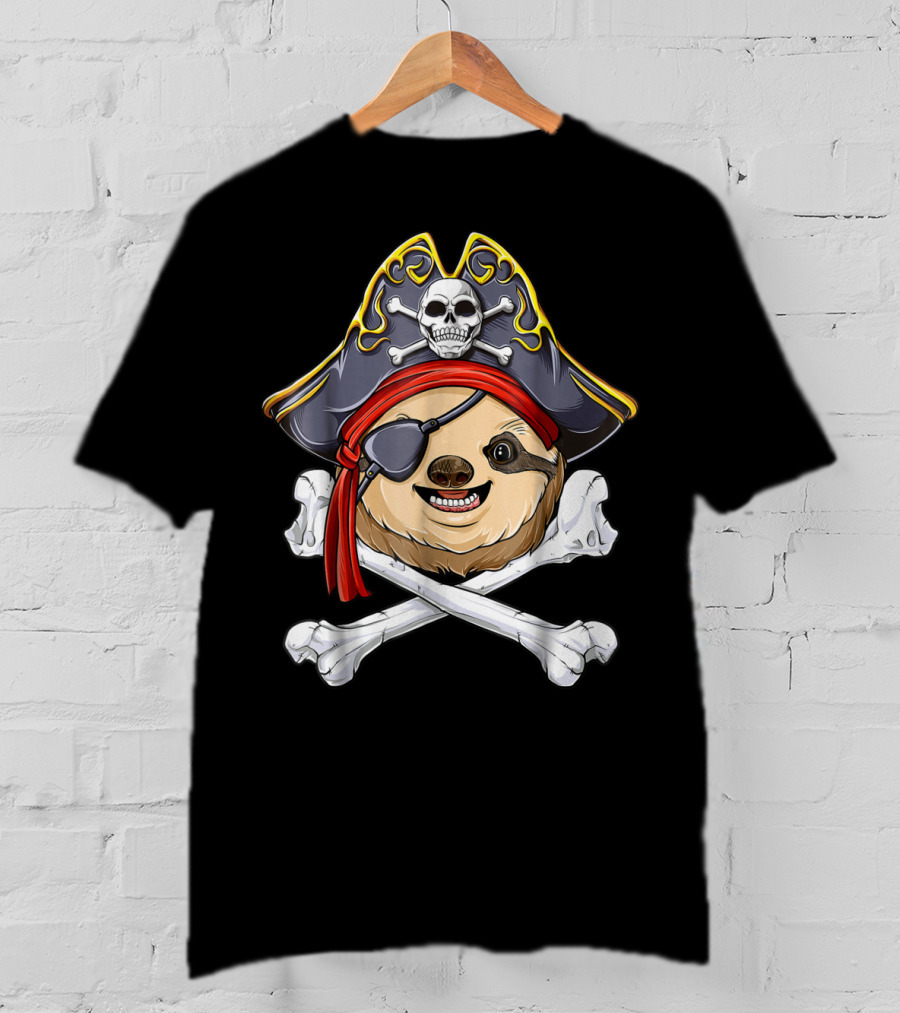 Pirate Sloth With Jolly Roger Skull And Crossbones T-Shirt