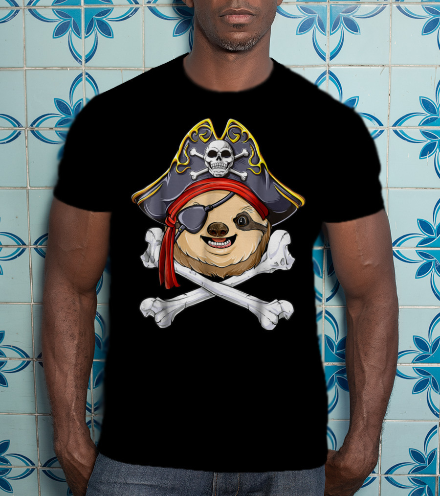 Pirate Sloth With Jolly Roger Skull And Crossbones T-Shirt