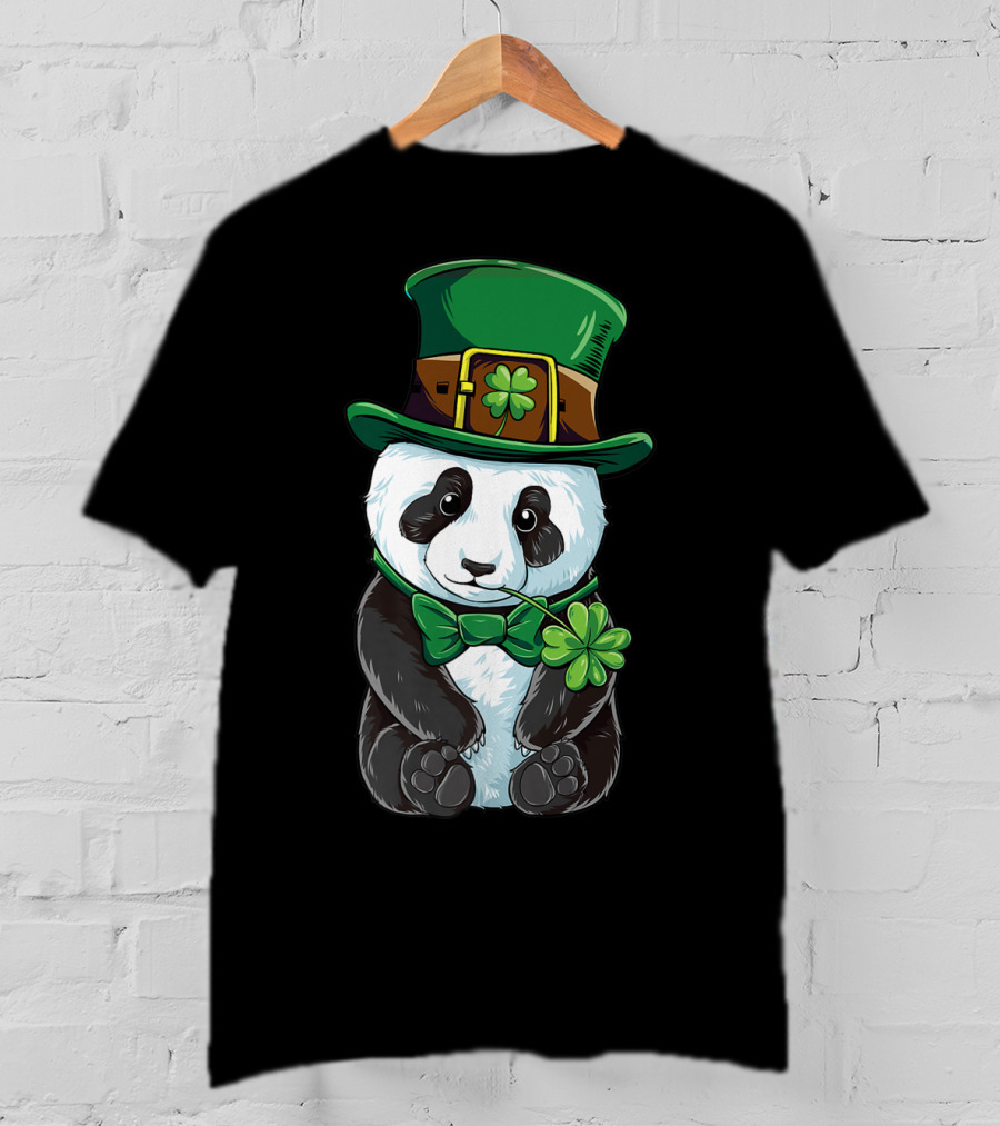 St Patricks Day Leprechaun Panda With Clover Cute Irish T-Shirt