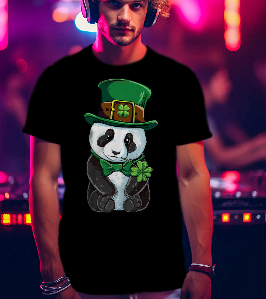 St Patricks Day Leprechaun Panda With Clover Cute Irish T-Shirt
