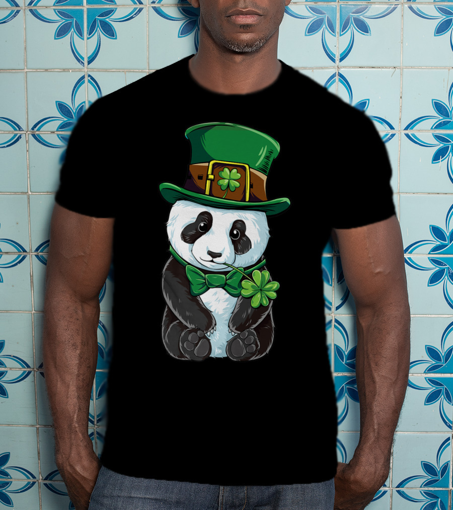 St Patricks Day Leprechaun Panda With Clover Cute Irish T-Shirt