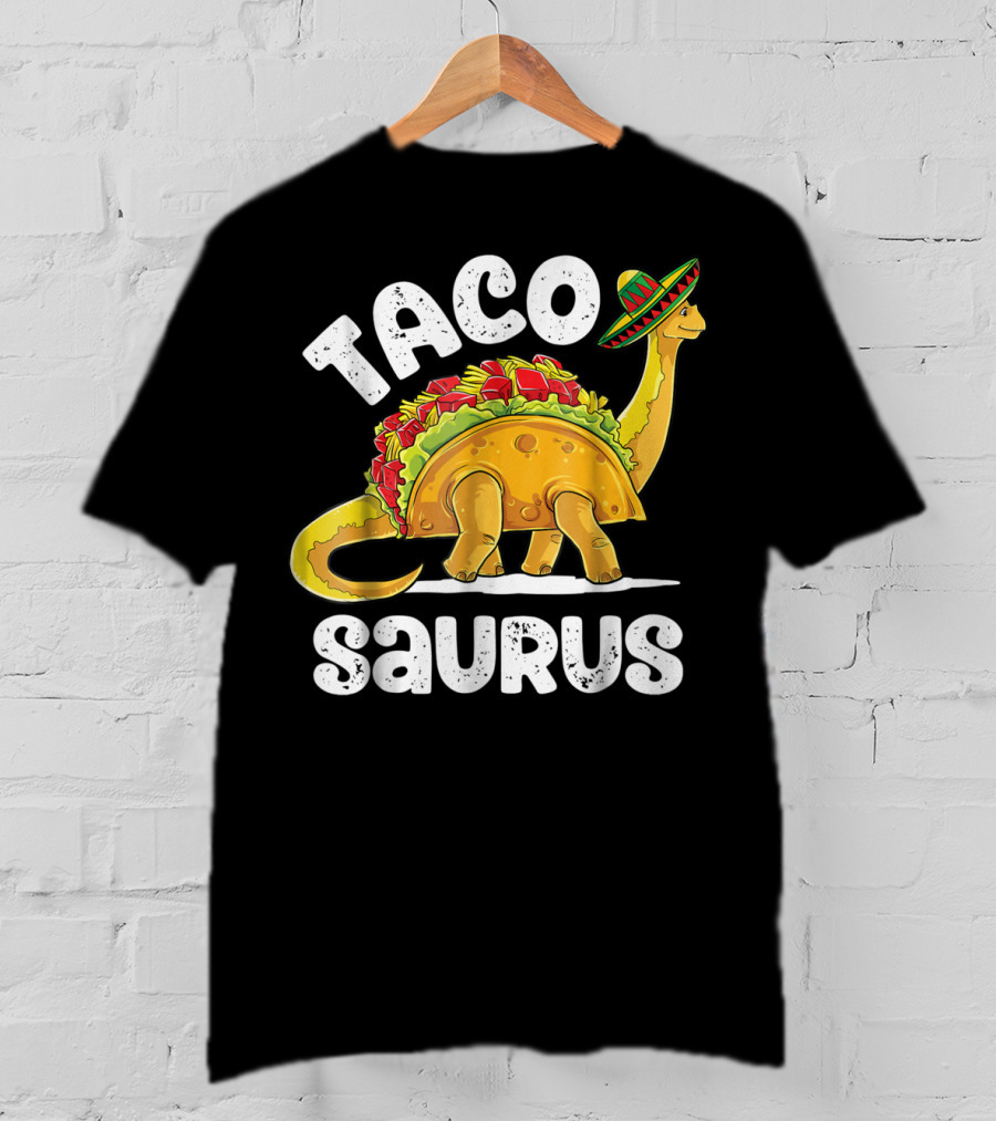 Tacosaurus Dinosaur Wearing Sombrero With Taco Shell Saddle T-Shirt
