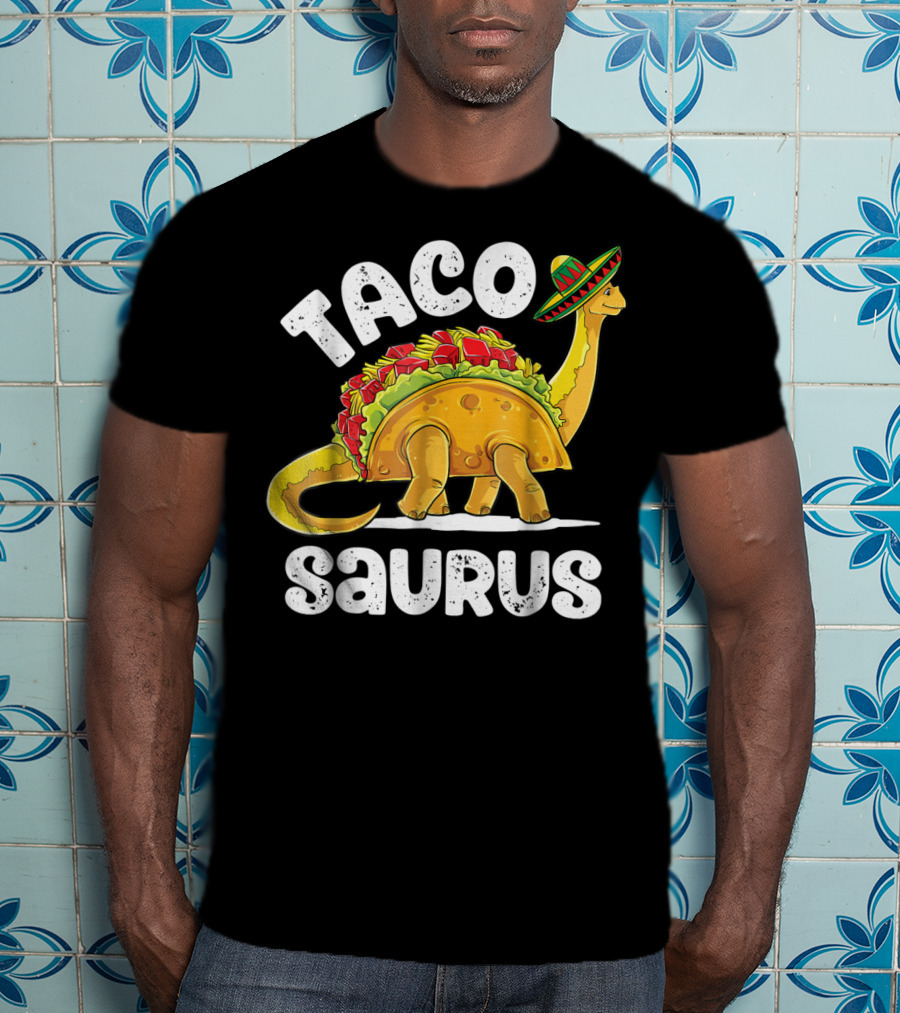 Tacosaurus Dinosaur Wearing Sombrero With Taco Shell Saddle T-Shirt