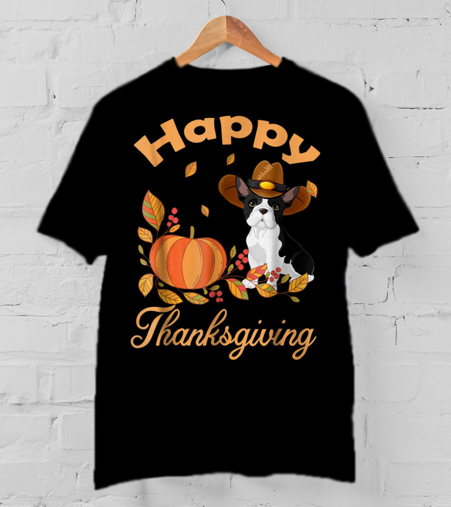 Happy Thanksgiving French Bulldogs Pilgrim Pumpkin Leaves T-Shirt