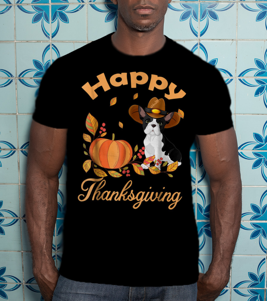 Happy Thanksgiving French Bulldogs Pilgrim Pumpkin Leaves T-Shirt