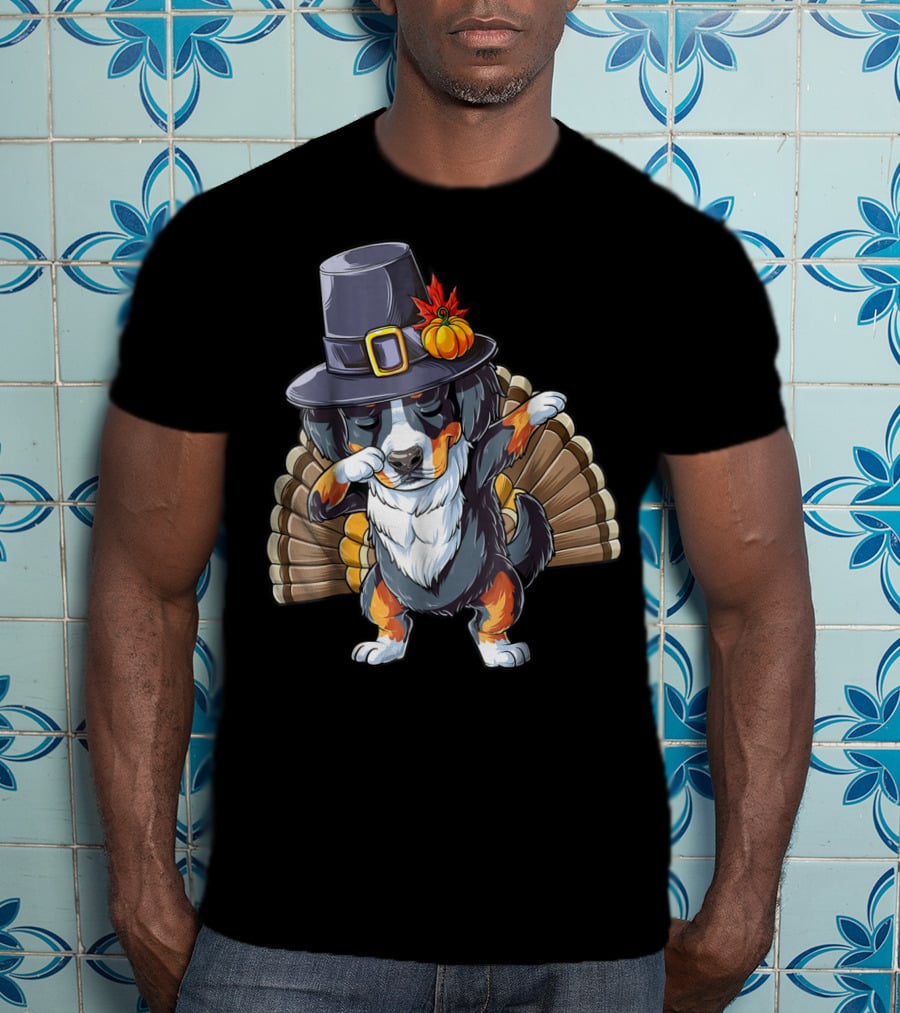 Thanksgiving Dabbing Pilgrim Bernese Mountain Dog Turkey T-Shirt