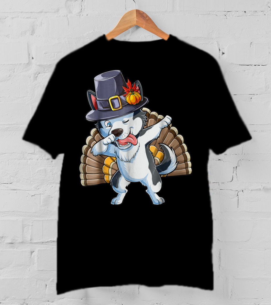 Thanksgiving Dabbing Siberian Husky In Pilgrim Hat With Turkey Feathers T-Shirt