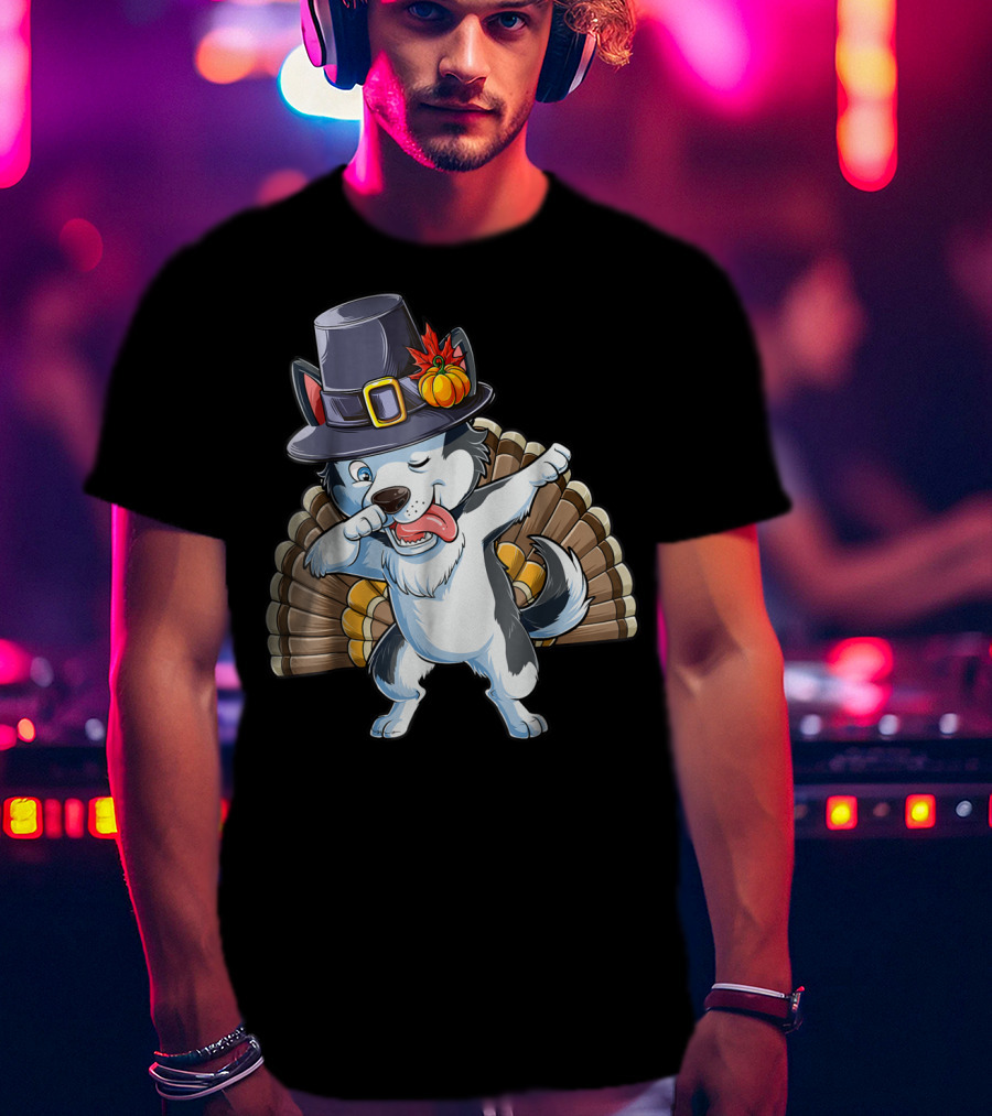 Thanksgiving Dabbing Siberian Husky In Pilgrim Hat With Turkey Feathers T-Shirt