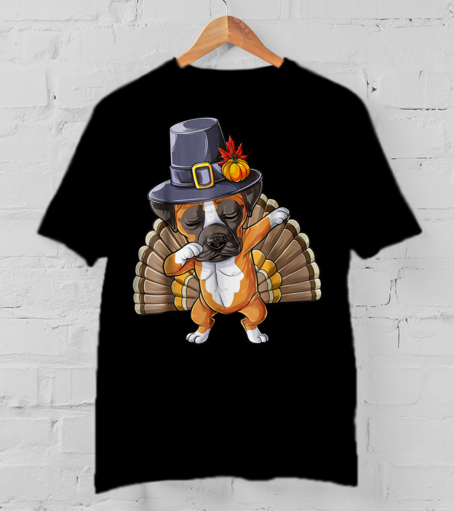 Thanksgiving Dabbing Boxer Turkey Dog In Pilgrim Hat T-Shirt