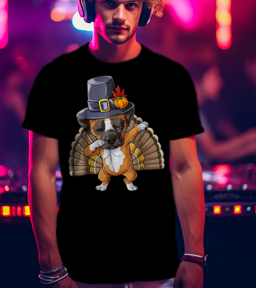 Thanksgiving Dabbing Boxer Turkey Dog In Pilgrim Hat T-Shirt