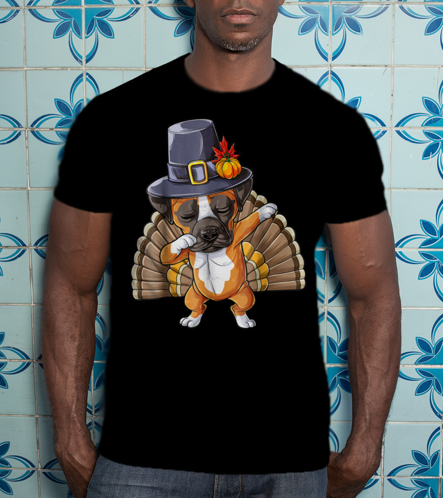 Thanksgiving Dabbing Boxer Turkey Dog In Pilgrim Hat T-Shirt