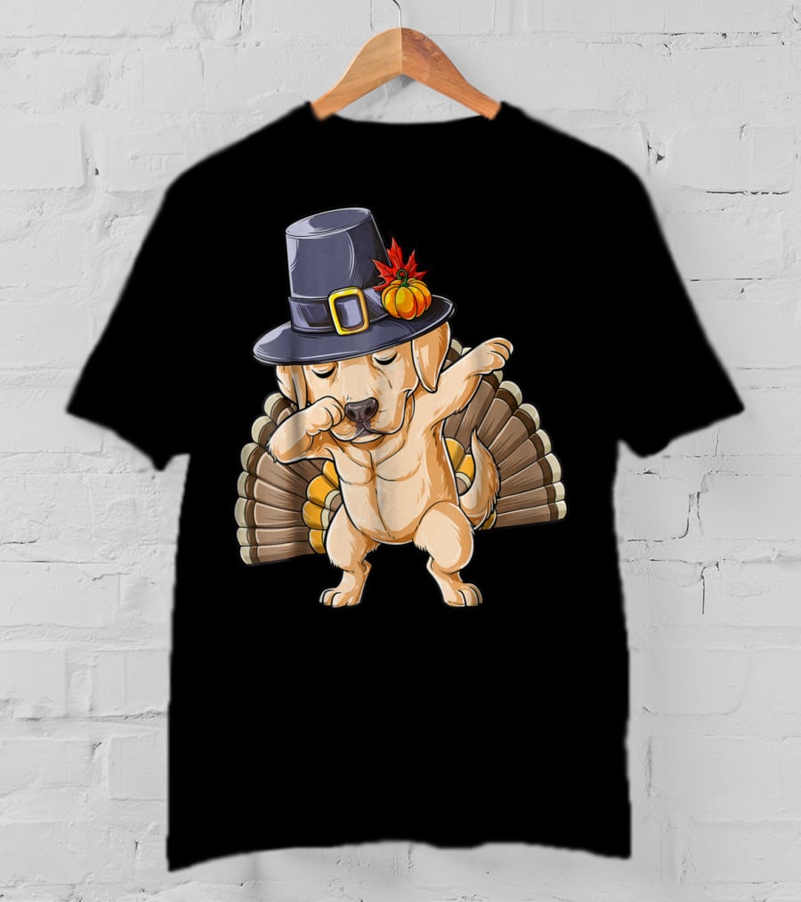 Thanksgiving Labrador Dabbing In Pilgrim Hat With Turkey Feathers T-Shirt