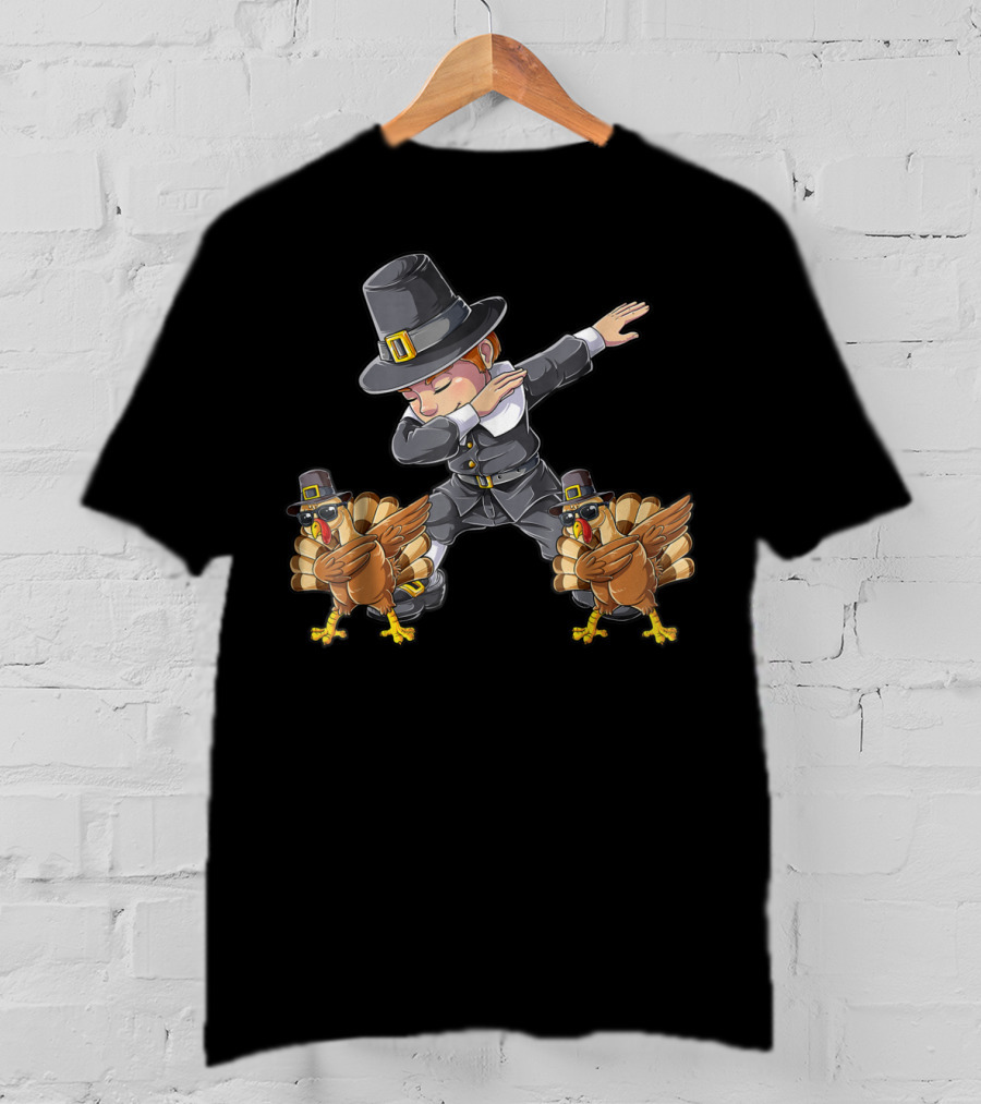 Thanksgiving Dabbing Pilgrim With Turkeys Kids UL T-Shirt