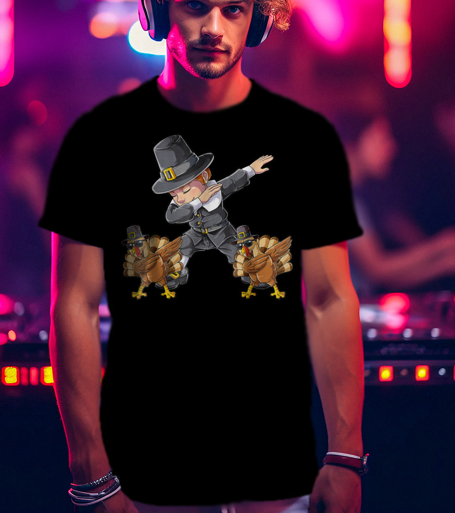 Thanksgiving Dabbing Pilgrim With Turkeys Kids UL T-Shirt